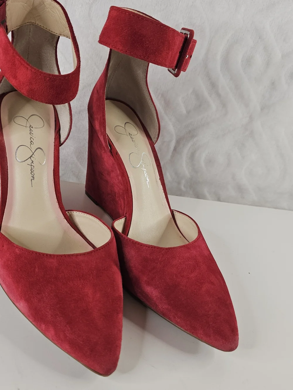 Jessica Simpson Red Suede Ankle-Strap Pointed-Toe Heels -